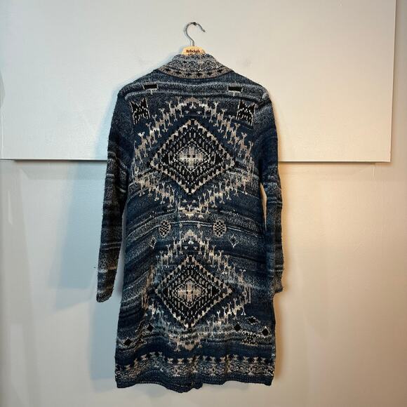 J.Jill Sweater Coat SZ MP Blue Aztec Boho Duster Long Cardigan Southwestern EUC - Picture 2 of 9